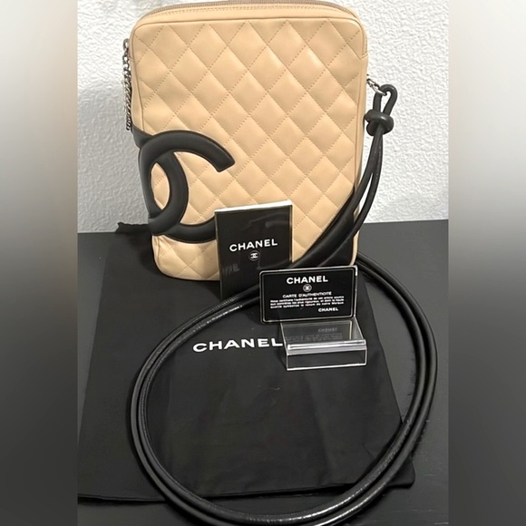 💯 Authentic Chanel Cambon Line Pochette Bag Beige Black w/ authentication card - Picture 1 of 14